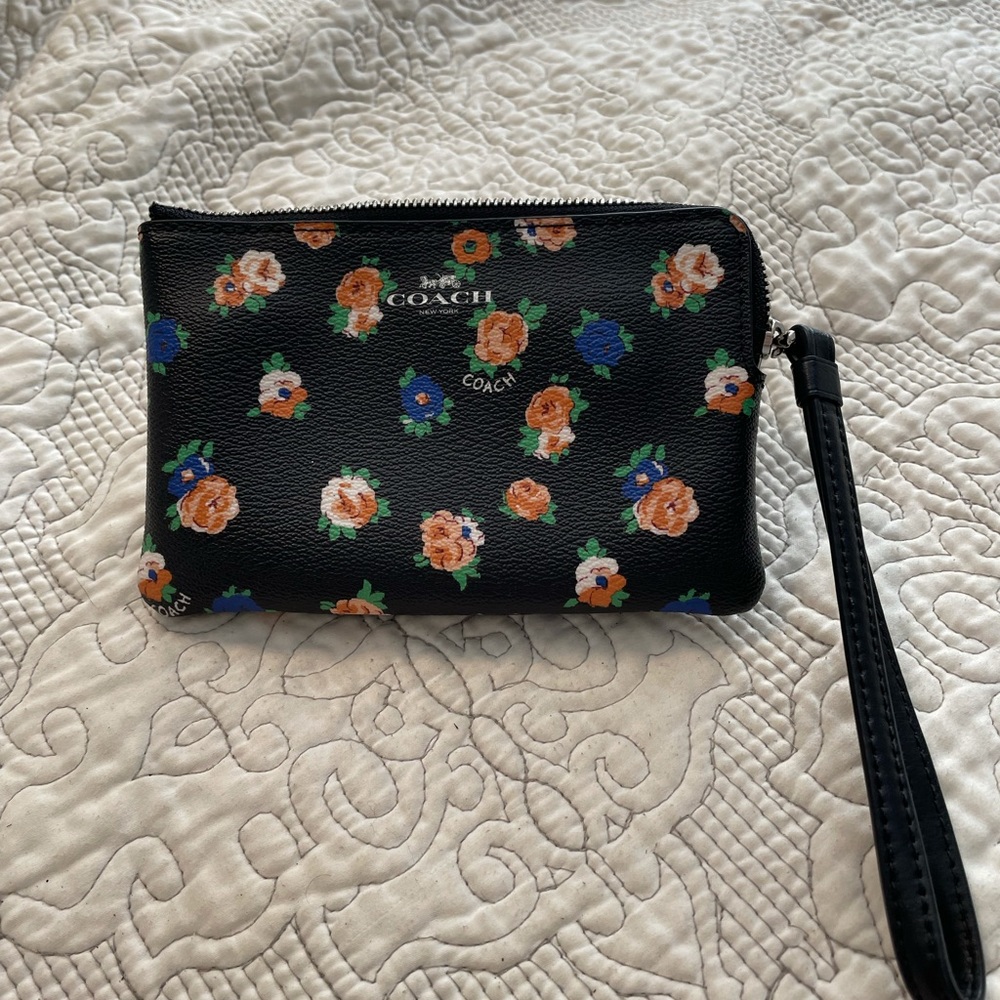 Coach Black pebbled leather floral Wristlet